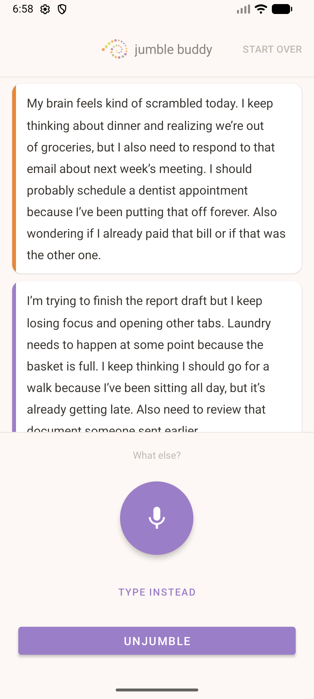 Thoughts entered with What else prompt and Unjumble button