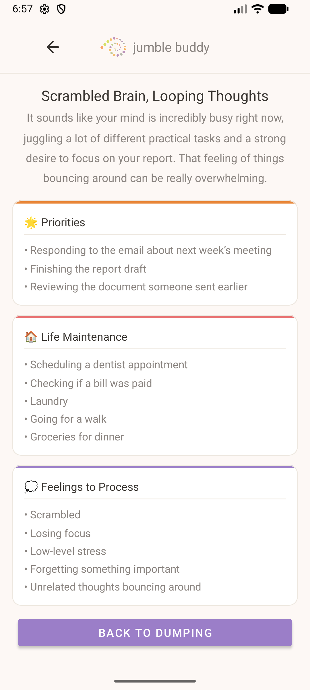 Results screen showing organized categories
